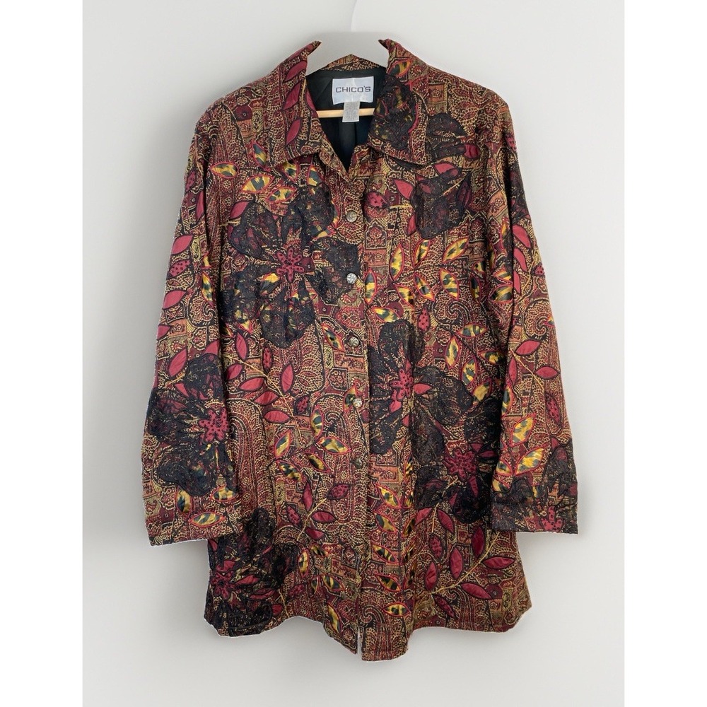 Chico's Design Womens Size 2 Black Red Burnout Embroidered Beaded Jacket Button